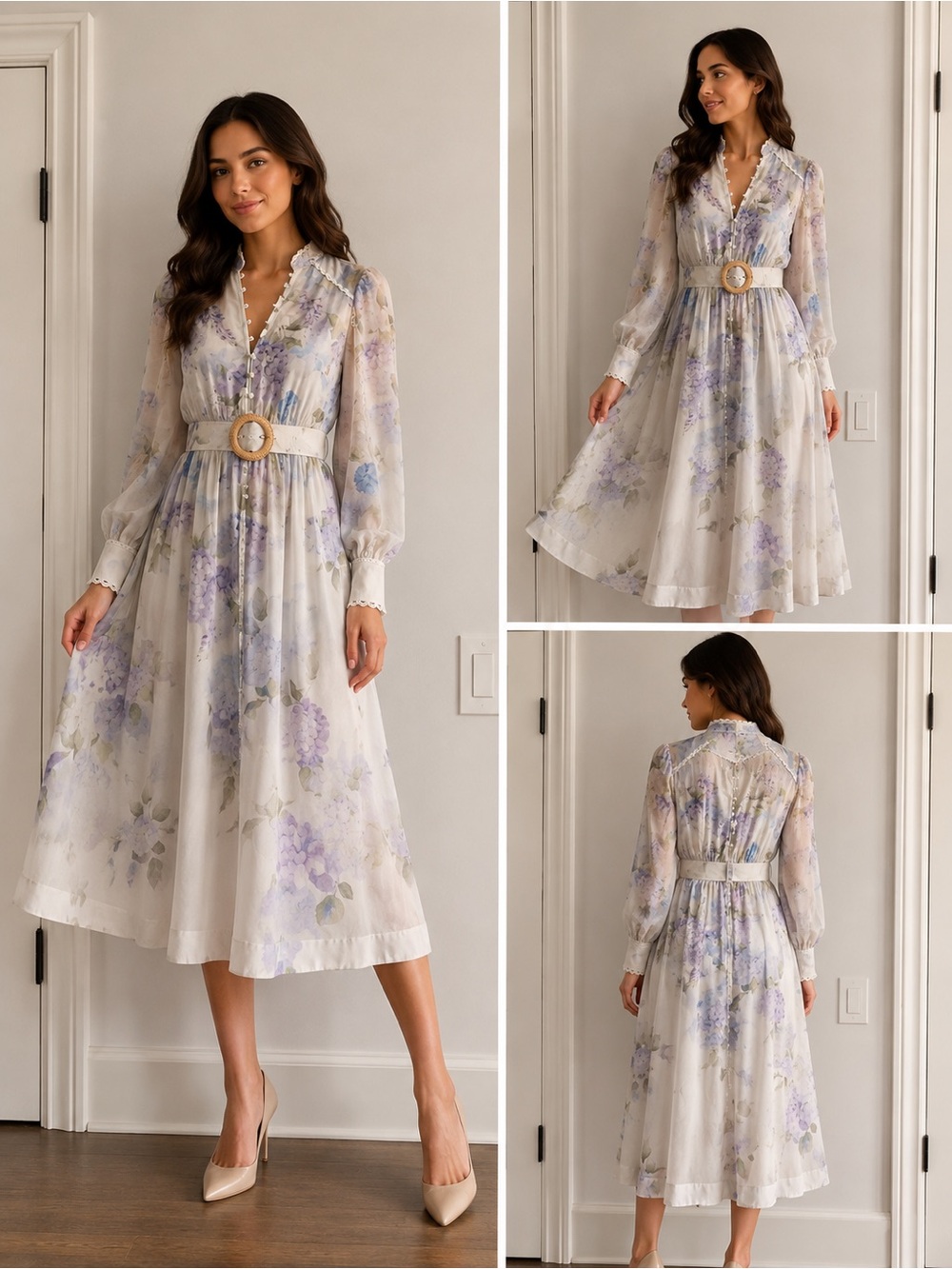 Floral Lace-Trim Maxi Dress with Belt - White & Lavender